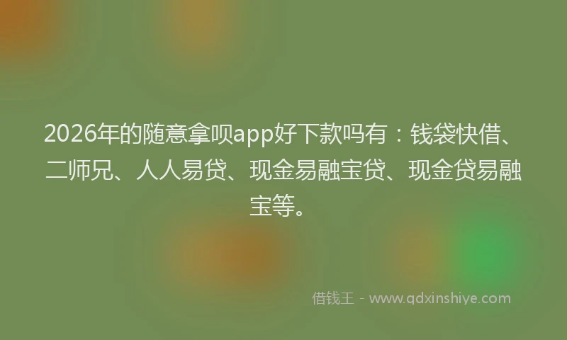 2026年的随意拿呗app好下款吗有：钱袋快借、二师兄、人人易贷、现金易融宝贷、现金贷易融宝等。