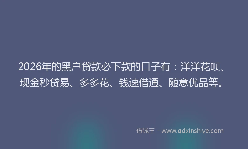 2026年的黑户贷款必下款的口子有：洋洋花呗、现金秒贷易、多多花、钱速借通、随意优品等。