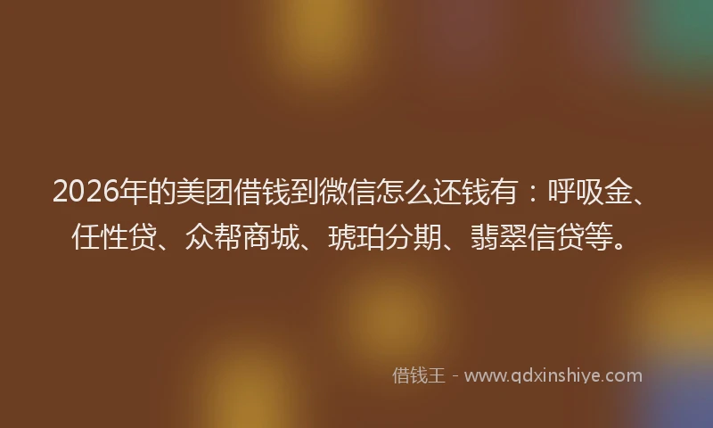 2026年的美团借钱到微信怎么还钱有：呼吸金、任性贷、众帮商城、琥珀分期、翡翠信贷等。