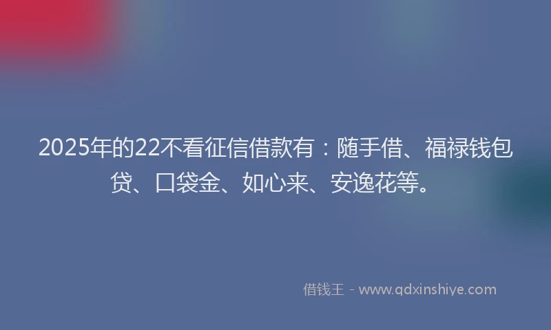 2025年的22不看征信借款有：随手借、福禄钱包贷、口袋金、如心来、安逸花等。