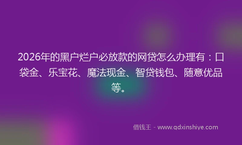 2026年的黑户烂户必放款的网贷怎么办理有：口袋金、乐宝花、魔法现金、智贷钱包、随意优品等。