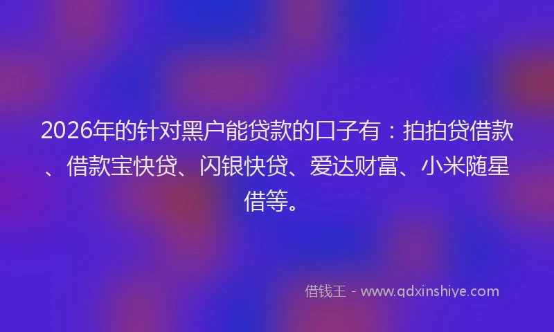 2026年的针对黑户能贷款的口子有：拍拍贷借款、借款宝快贷、闪银快贷、爱达财富、小米随星借等。