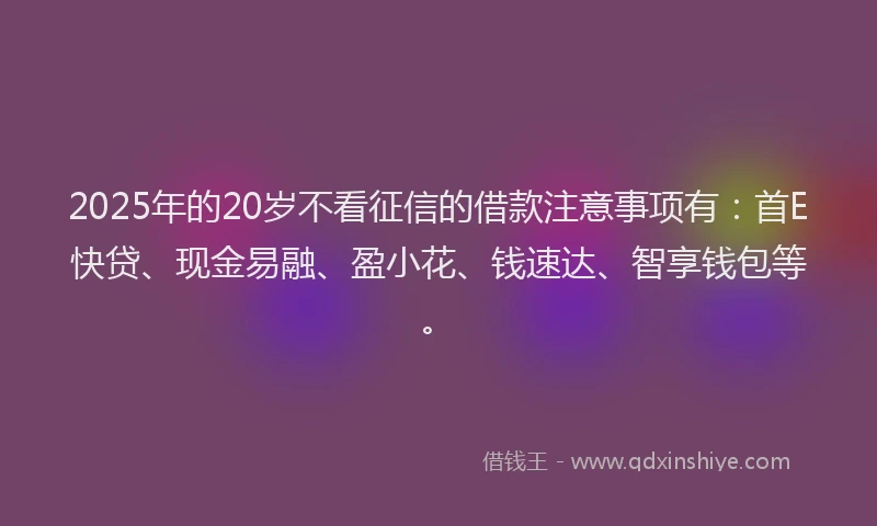 2025年的20岁不看征信的借款注意事项有：首E快贷、现金易融、盈小花、钱速达、智享钱包等。