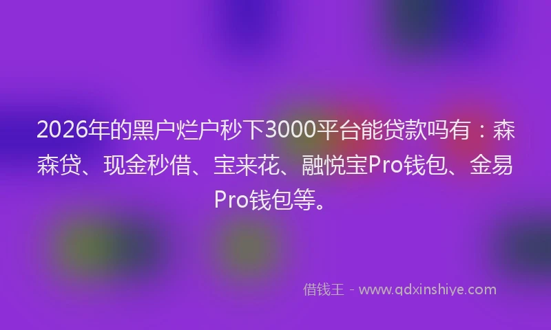 2026年的黑户烂户秒下3000平台能贷款吗有：森森贷、现金秒借、宝来花、融悦宝Pro钱包、金易Pro钱包等。