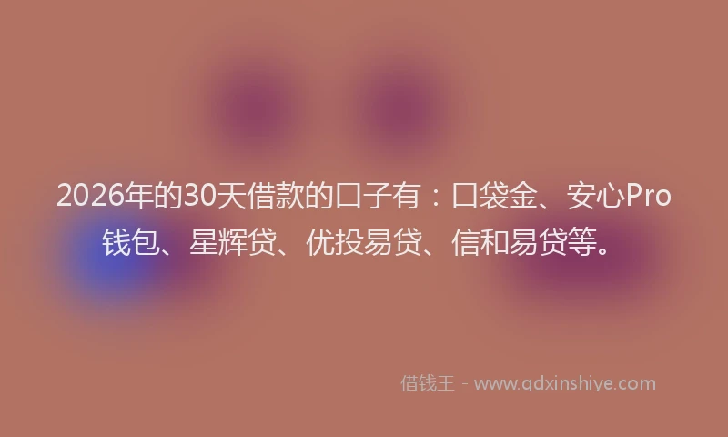 2026年的30天借款的口子有：口袋金、安心Pro钱包、星辉贷、优投易贷、信和易贷等。