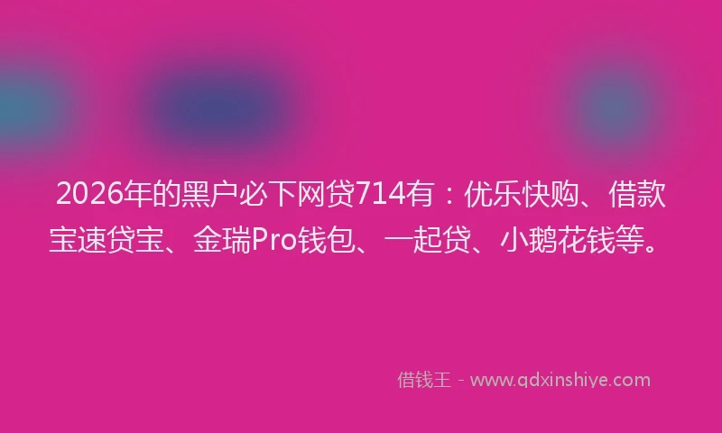2026年的黑户必下网贷714有：优乐快购、借款宝速贷宝、金瑞Pro钱包、一起贷、小鹅花钱等。