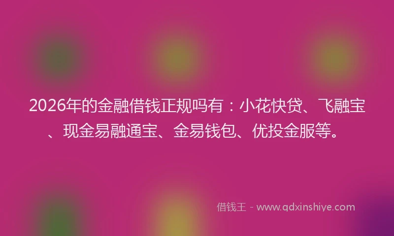 2026年的金融借钱正规吗有:小花快贷、飞融宝、现金易融通宝、金易钱包、优投金服等。