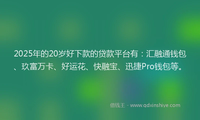2025年的20岁好下款的贷款平台有：汇融通钱包、玖富万卡、好运花、快融宝、迅捷Pro钱包等。