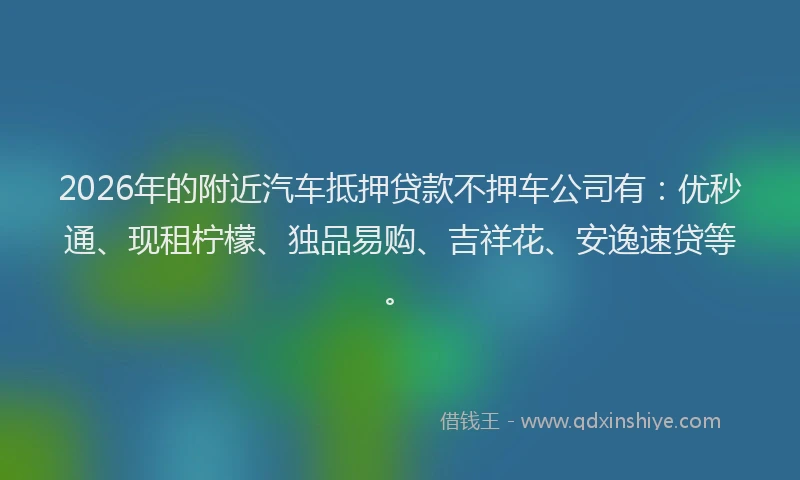 2026年的附近汽车抵押贷款不押车公司有:优秒通、现租柠檬、独品易购、吉祥花、安逸速贷等。