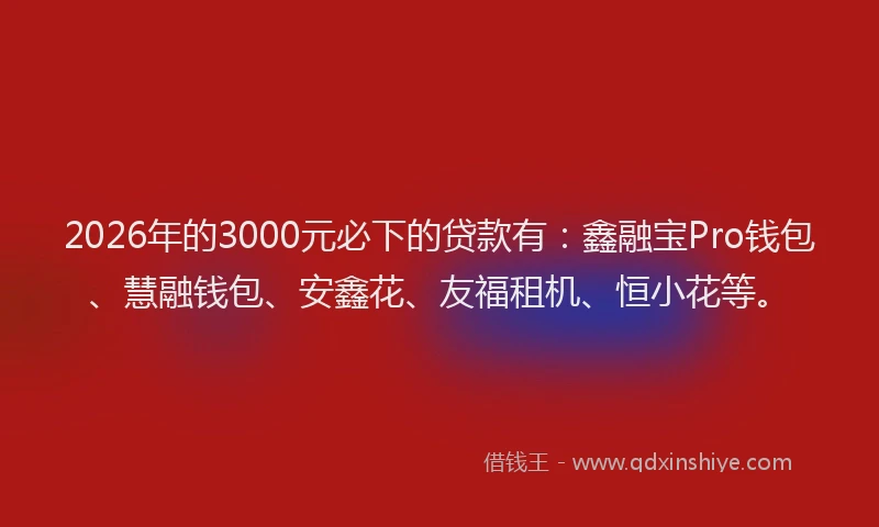 2026年的3000元必下的贷款有：鑫融宝Pro钱包、慧融钱包、安鑫花、友福租机、恒小花等。