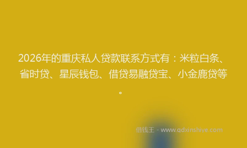 2026年的重庆私人贷款联系方式有:米粒白条、省时贷、星辰钱包、借贷易融贷宝、小金鹿贷等。