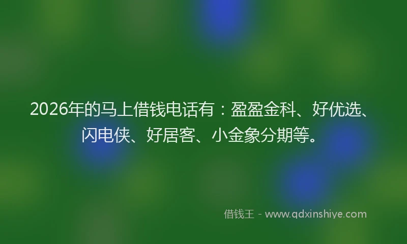 2026年的马上借钱电话有：盈盈金科、好优选、闪电侠、好居客、小金象分期等。