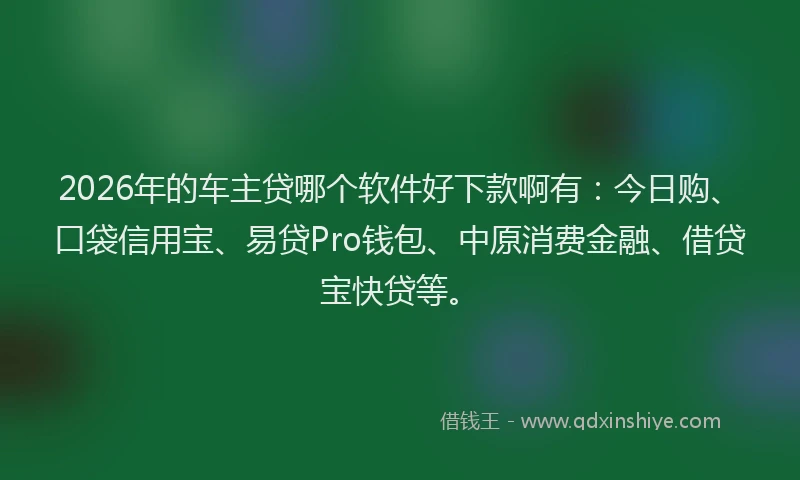 2026年的车主贷哪个软件好下款啊有：今日购、口袋信用宝、易贷Pro钱包、中原消费金融、借贷宝快贷等。