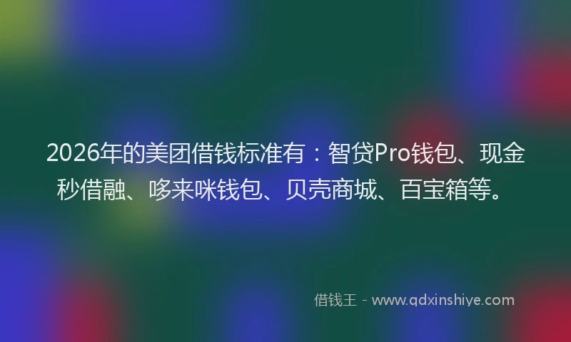 2026年的美团借钱标准有：智贷Pro钱包、现金秒借融、哆来咪钱包、贝壳商城、百宝箱等。