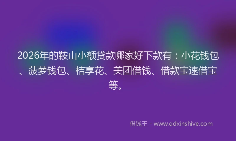 2026年的鞍山小额贷款哪家好下款有：小花钱包、菠萝钱包、桔享花、美团借钱、借款宝速借宝等。