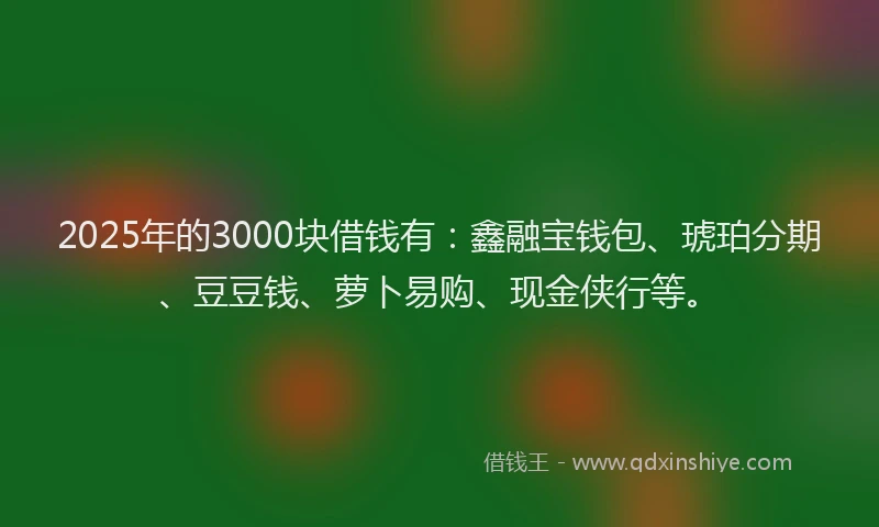 2025年的3000块借钱有：鑫融宝钱包、琥珀分期、豆豆钱、萝卜易购、现金侠行等。
