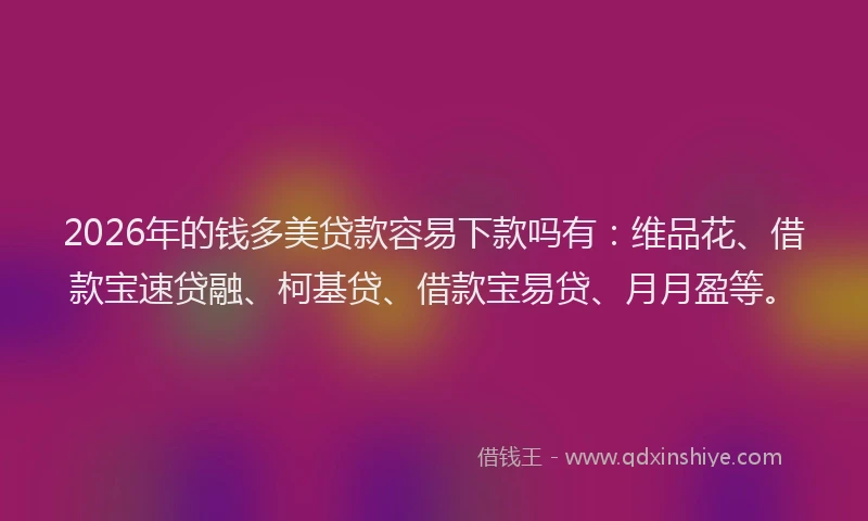 2026年的钱多美贷款容易下款吗有：维品花、借款宝速贷融、柯基贷、借款宝易贷、月月盈等。