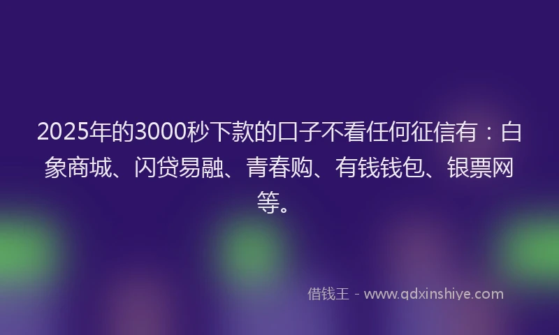 2025年的3000秒下款的口子不看任何征信有：白象商城、闪贷易融、青春购、有钱钱包、银票网等。