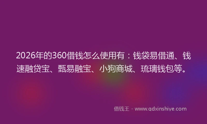 2026年的360借钱怎么使用有：钱袋易借通、钱速融贷宝、甄易融宝、小狗商城、琉璃钱包等。