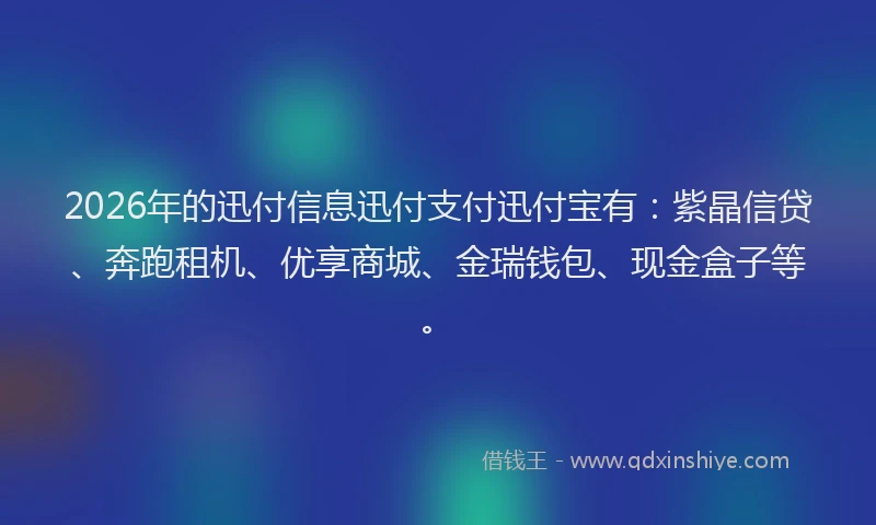 2026年的迅付信息迅付支付迅付宝有：紫晶信贷、奔跑租机、优享商城、金瑞钱包、现金盒子等。