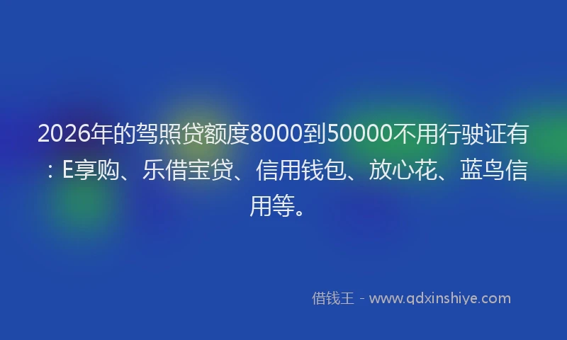 2026年的驾照贷额度8000到50000不用行驶证有：E享购、乐借宝贷、信用钱包、放心花、蓝鸟信用等。