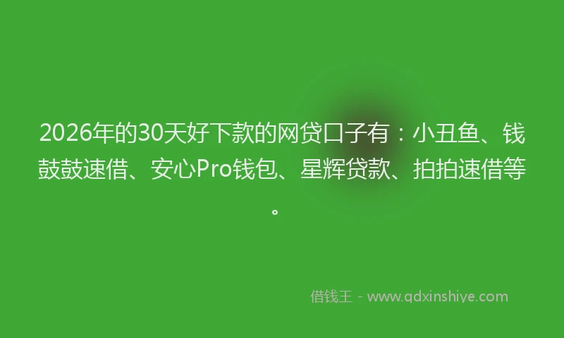 2026年的30天好下款的网贷口子有：小丑鱼、钱鼓鼓速借、安心Pro钱包、星辉贷款、拍拍速借等。