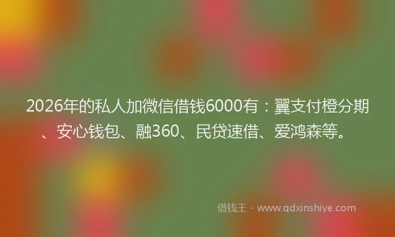 2026年的私人加微信借钱6000有：翼支付橙分期、安心钱包、融360、民贷速借、爱鸿森等。