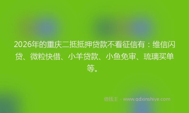 2026年的重庆二抵抵押贷款不看征信有：维信闪贷、微粒快借、小羊贷款、小鱼免审、琉璃买单等。