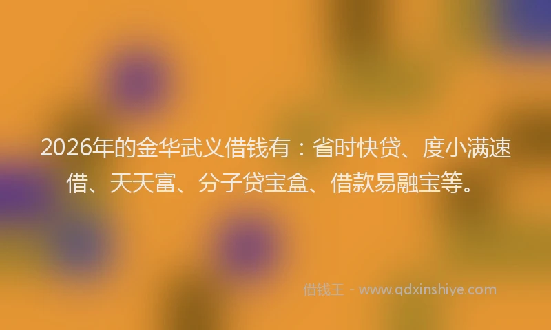 2026年的金华武义借钱有：省时快贷、度小满速借、天天富、分子贷宝盒、借款易融宝等。