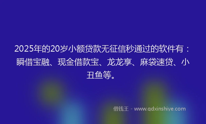 2025年的20岁小额贷款无征信秒通过的软件有:瞬借宝融、现金借款宝、龙龙享、麻袋速贷、小丑鱼等。