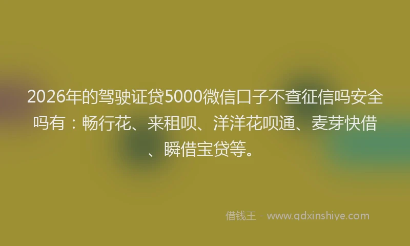 2026年的驾驶证贷5000微信口子不查征信吗安全吗有：畅行花、来租呗、洋洋花呗通、麦芽快借、瞬借宝贷等。