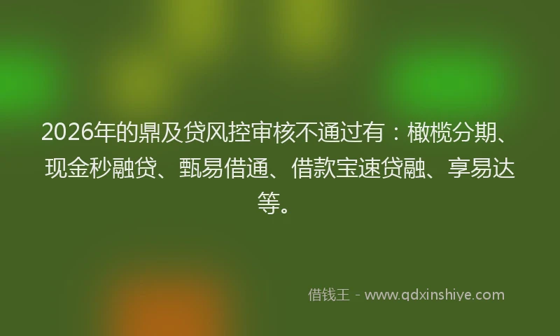 2026年的鼎及贷风控审核不通过有：橄榄分期、现金秒融贷、甄易借通、借款宝速贷融、享易达等。