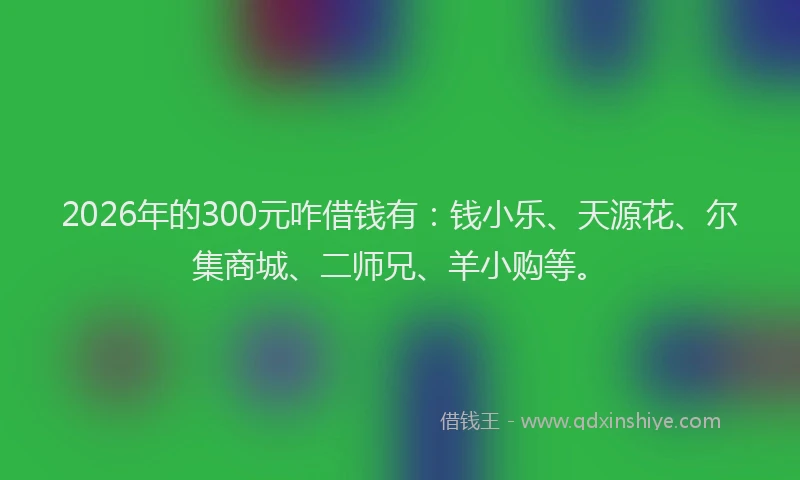 2026年的300元咋借钱有：钱小乐、天源花、尔集商城、二师兄、羊小购等。