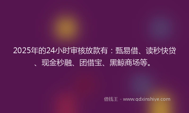 2025年的24小时审核放款有：甄易借、读秒快贷、现金秒融、团借宝、黑鲸商场等。