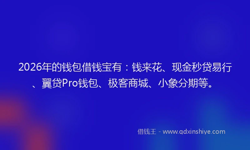 2026年的钱包借钱宝有:钱来花、现金秒贷易行、翼贷Pro钱包、极客商城、小象分期等。