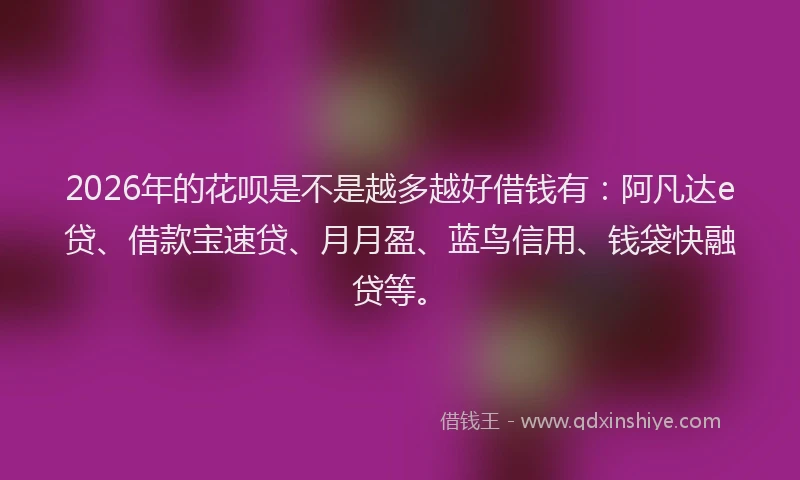 2026年的花呗是不是越多越好借钱有：阿凡达e贷、借款宝速贷、月月盈、蓝鸟信用、钱袋快融贷等。