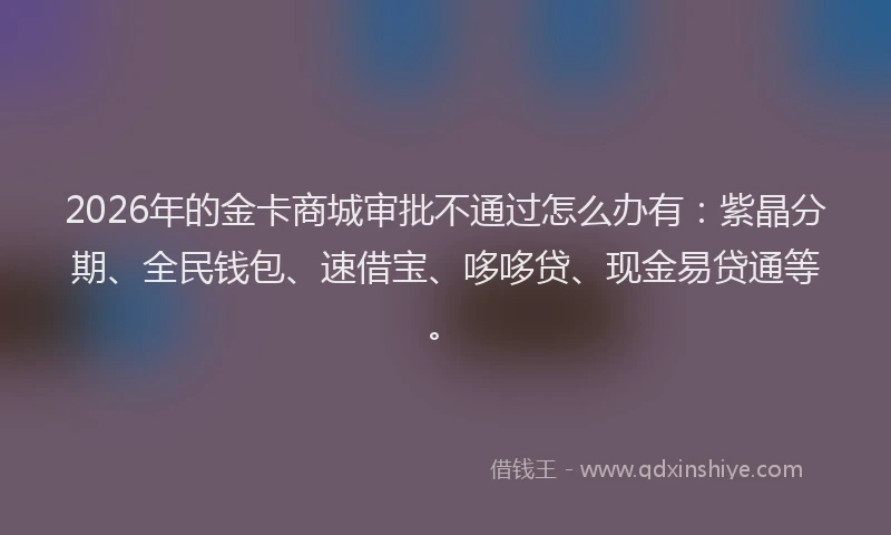 2026年的金卡商城审批不通过怎么办有:紫晶分期、全民钱包、速借宝、哆哆贷、现金易贷通等。