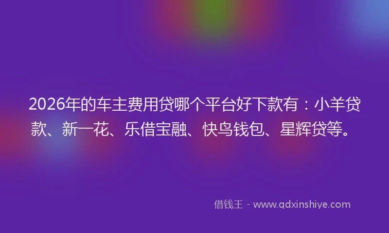 2026年的车主费用贷哪个平台好下款有:小羊贷款、新一花、乐借宝融、快鸟钱包、星辉贷等。