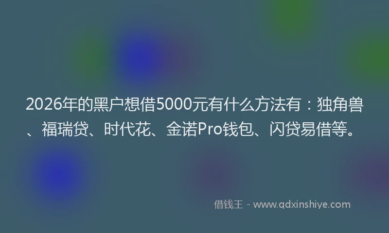 2026年的黑户想借5000元有什么方法有：独角兽、福瑞贷、时代花、金诺Pro钱包、闪贷易借等。