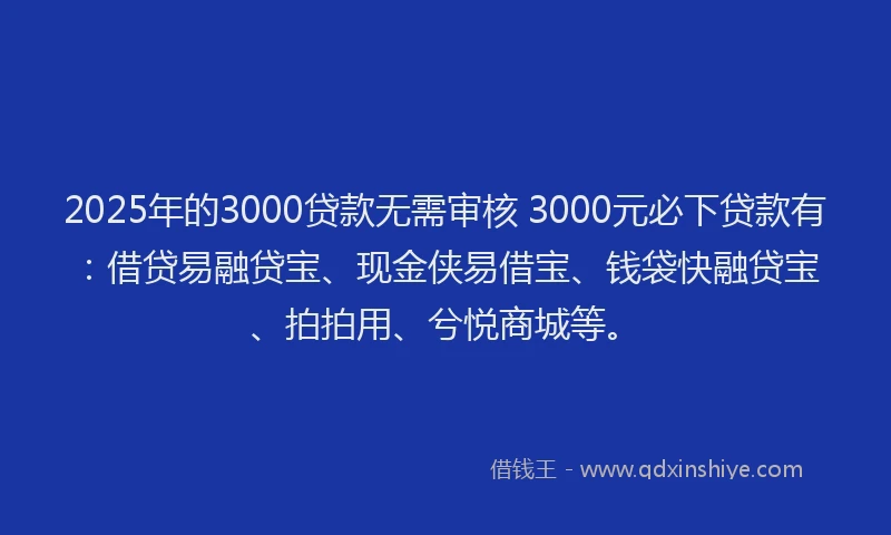 2025年的3000贷款无需审核 3000元必下贷款有：借贷易融贷宝、现金侠易借宝、钱袋快融贷宝、拍拍用、兮悦商城等。