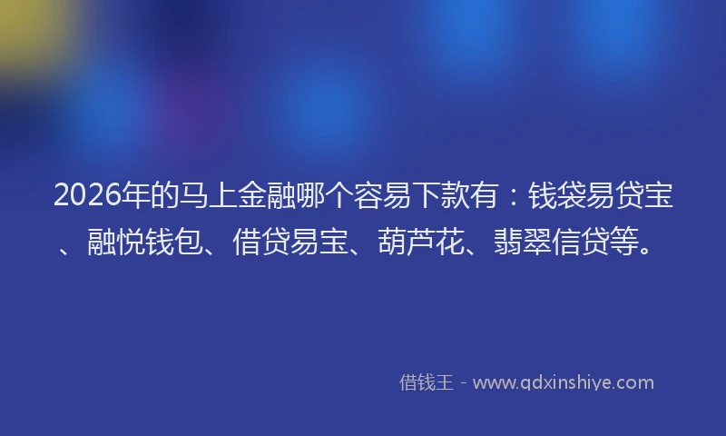2026年的马上金融哪个容易下款有：钱袋易贷宝、融悦钱包、借贷易宝、葫芦花、翡翠信贷等。