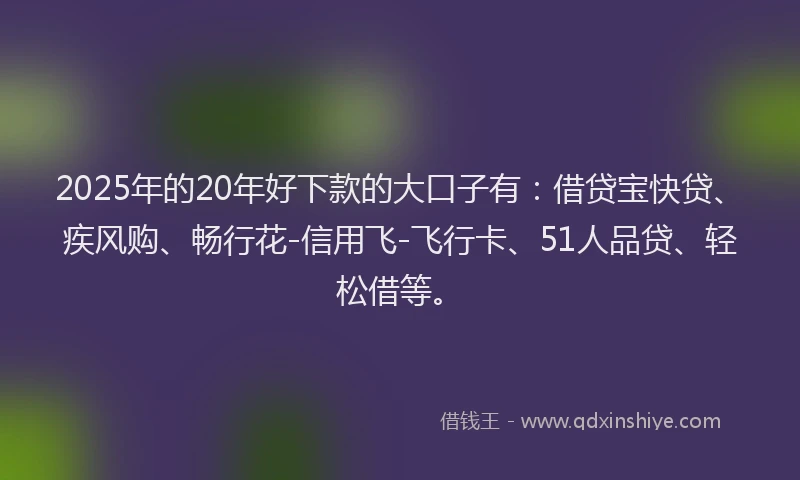 2025年的20年好下款的大口子有：借贷宝快贷、疾风购、畅行花-信用飞-飞行卡、51人品贷、轻松借等。