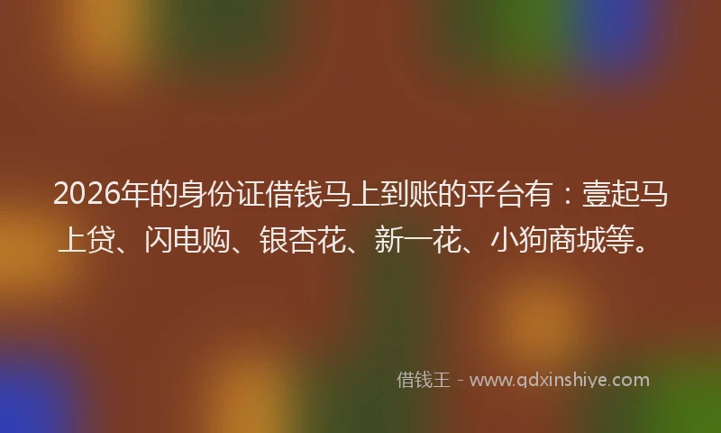 2026年的身份证借钱马上到账的平台有：壹起马上贷、闪电购、银杏花、新一花、小狗商城等。