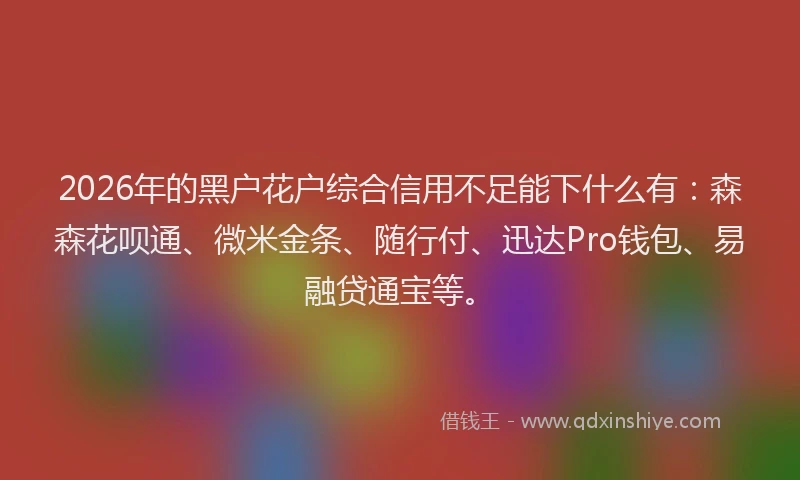 2026年的黑户花户综合信用不足能下什么有:森森花呗通、微米金条、随行付、迅达Pro钱包、易融贷通宝等。