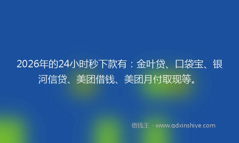 2026年的24小时秒下款有：金叶贷、口袋宝、银河信贷、美团借钱、美团月付取现等。