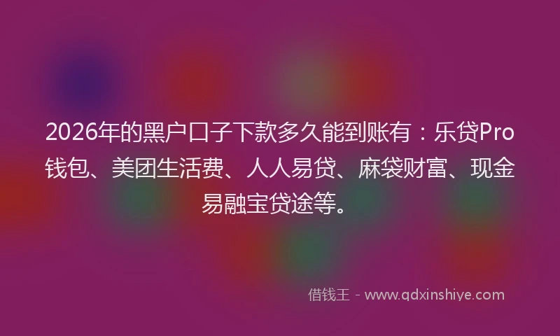 2026年的黑户口子下款多久能到账有：乐贷Pro钱包、美团生活费、人人易贷、麻袋财富、现金易融宝贷途等。