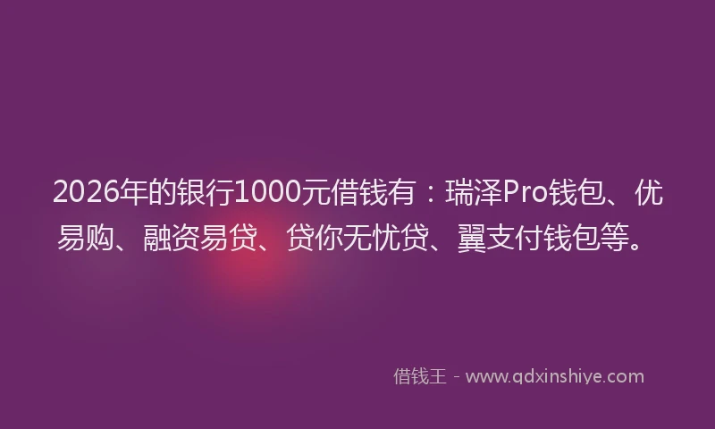 2026年的银行1000元借钱有：瑞泽Pro钱包、优易购、融资易贷、贷你无忧贷、翼支付钱包等。