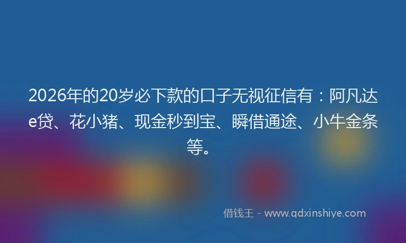 2026年的20岁必下款的口子无视征信有:阿凡达e贷、花小猪、现金秒到宝、瞬借通途、小牛金条等。