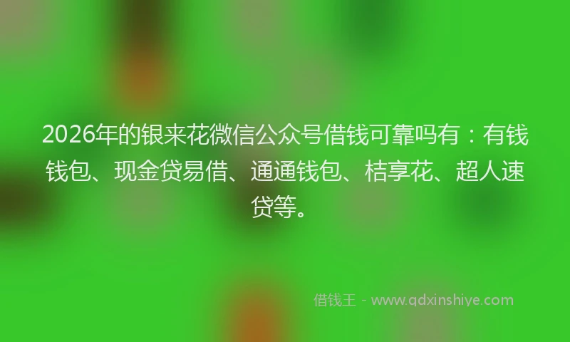 2026年的银来花微信公众号借钱可靠吗有：有钱钱包、现金贷易借、通通钱包、桔享花、超人速贷等。