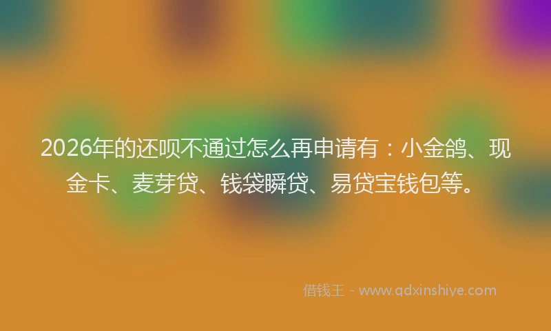 2026年的还呗不通过怎么再申请有:小金鸽、现金卡、麦芽贷、钱袋瞬贷、易贷宝钱包等。